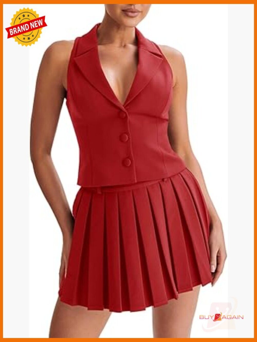 V Neck Blazer Vest and Mini Pleated Skirt 2 Piece Outfit Set